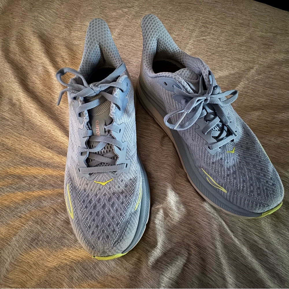 Hoka Athletic Shoes in Light Gray and Yellow